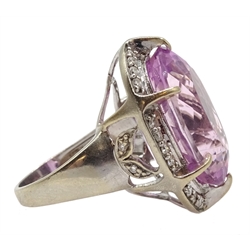 18ct white gold large oval kunzite and diamond cluster ring, hallmarked