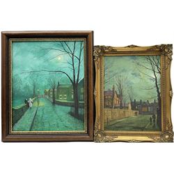 Robert Wood (British 20th century) after Atkinson Grimshaw: Moonlight Street scenes, two oils on board signed and dated (19)94/97, 46cm x 37cm (2)