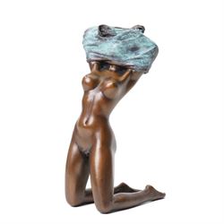 Bronze figure, modelled as a nude woman removing her shirt, H17cm