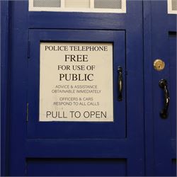 Doctor Who - full scale scratch built replica TARDIS, with functioning lantern and ringing telephone, the telephone door autographed by several Doctor Who cast members including Sylvester McCoy, Frazer Hines, Wendy Padbury, Janet Fielding and Caroline John
