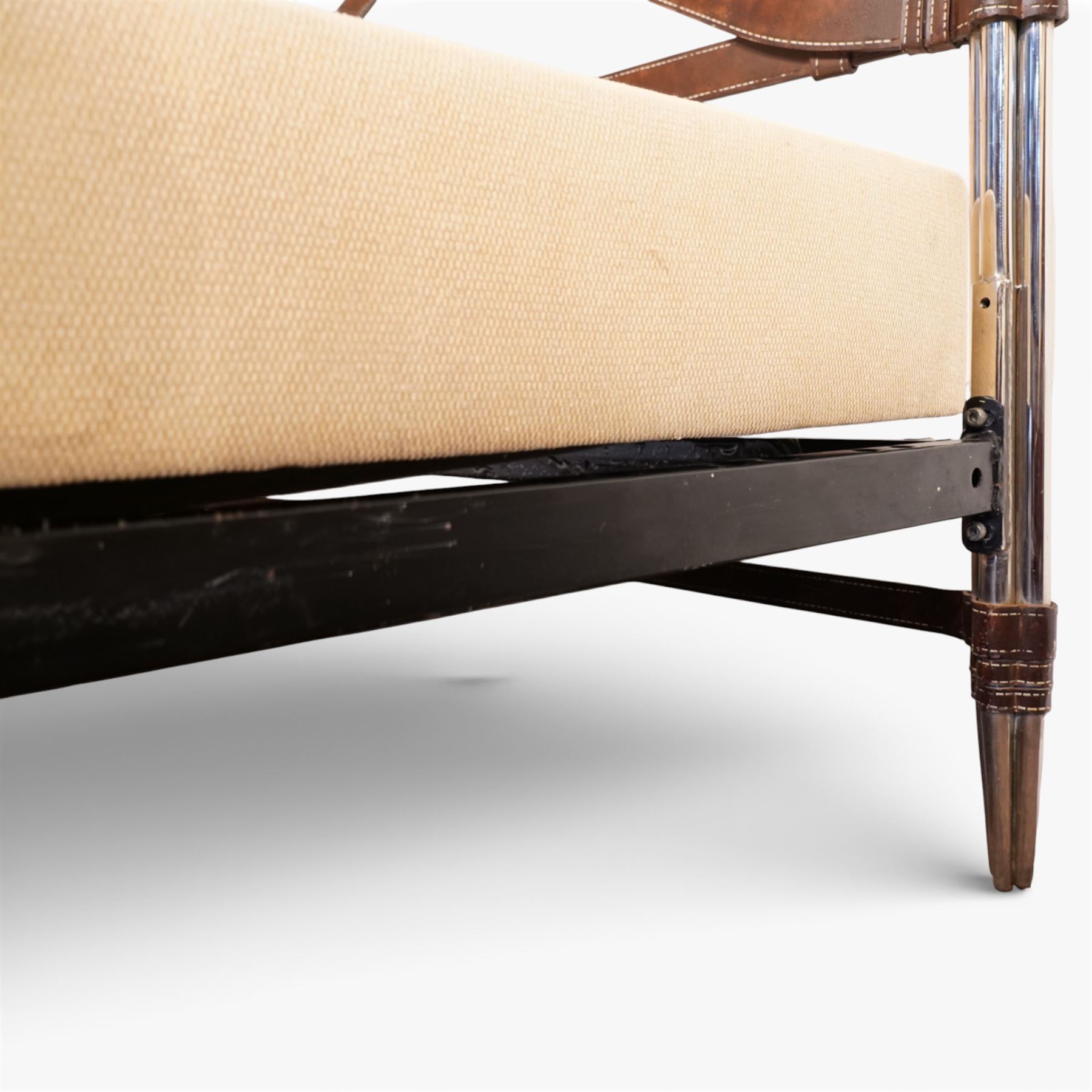 And So To Bed - ‘Aphrodite’ 5' king size bedstead, chrome finished frame with cylindrical uprights, trompe l’oeil leather cross-braced headboard and footboard with X-frame stretchers, on tapering chrome supports