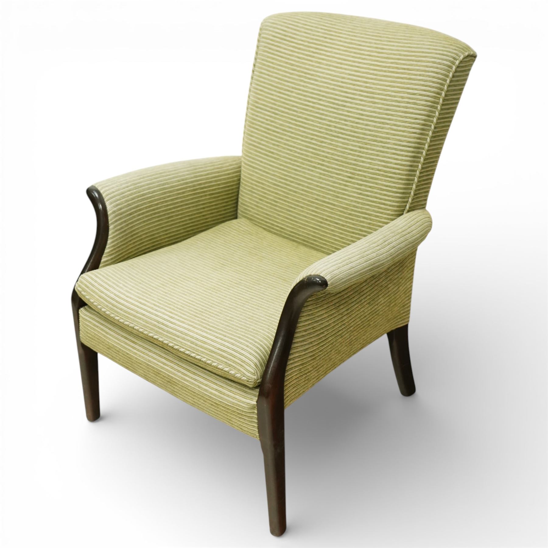 Parker Knoll - ‘Froxfield’ armchair, with upholstered back and seat in striped green fabric, on dark stained bentwood arms and front supports