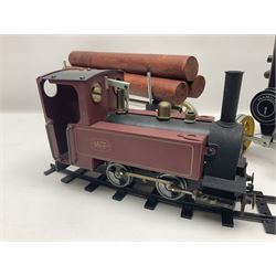 Mamod steam traction engine with log wagon and load, finished in black and yellow, with burner, total L60cm; and MSS live steam 0-4-0 tank locomotive on track section (4)