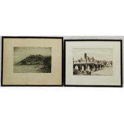 Douglas Ian Smart (British 1879-1970): 'Limoges', drypoint etching signed in pencil, titled verso on gallery label; Romain Malfliet (Belgian 1910-2006): Busy Continental River, etching signed titled and numbered 43/100 in pencil; and a further Scottish coastal etching signed Walter Towers, max 24cm x 68cm (3)