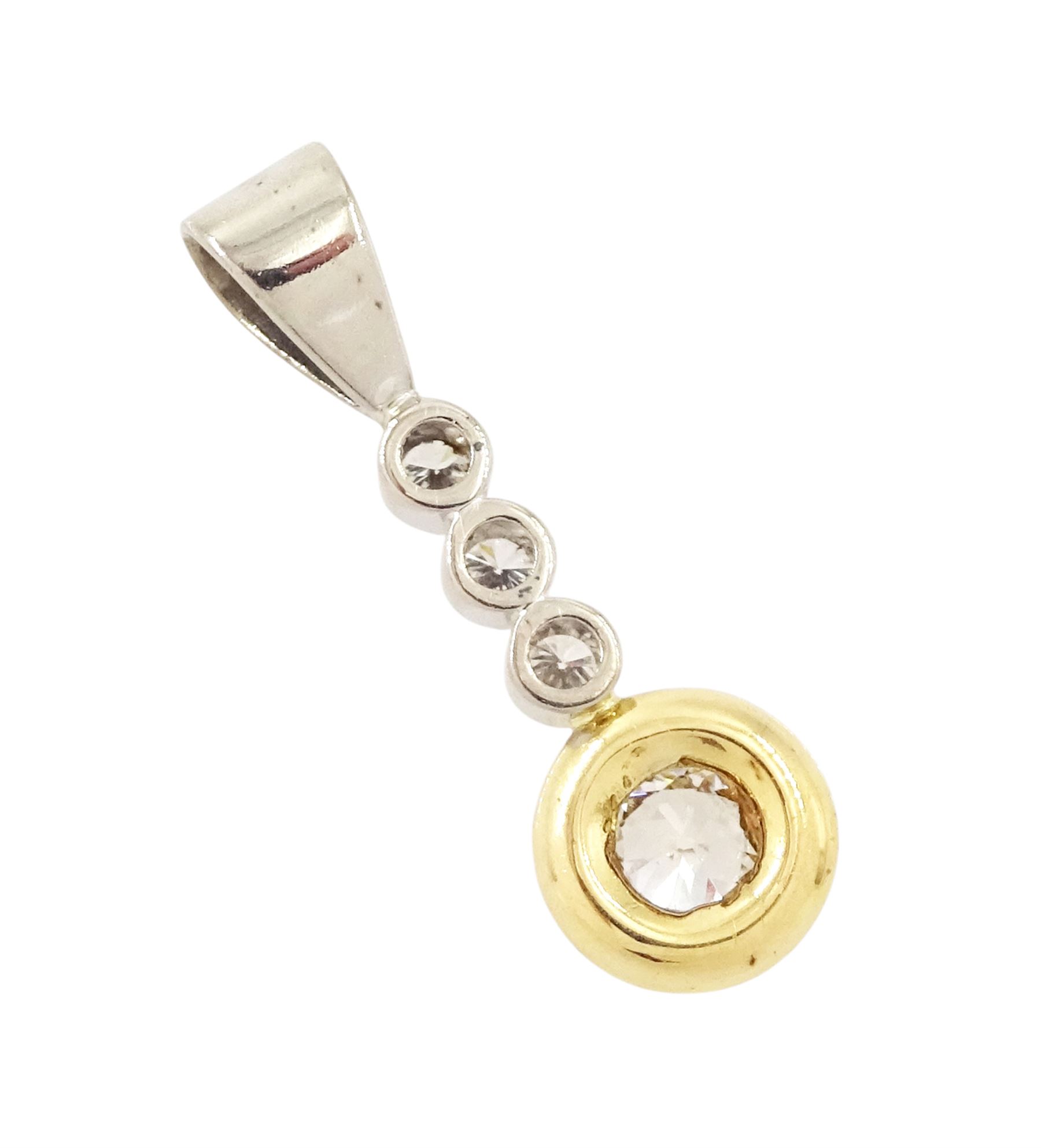 18ct gold diamond pendant, principal old cut diamond of approx 0.30 carat, set in yellow gold, suspending from three round brilliant cut diamonds, set in white gold, total diamond weight approx 0.50 carat