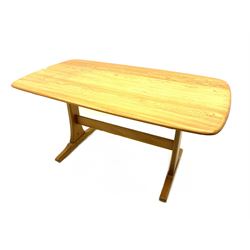 Ercol rectangular light elm dining table, rounded corners