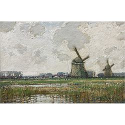 Kershaw Schofield (British 1872-1941): Dutch Landscape with Windmills beyond a Reedy Pond, oil on panel signed 34cm x 51cm
