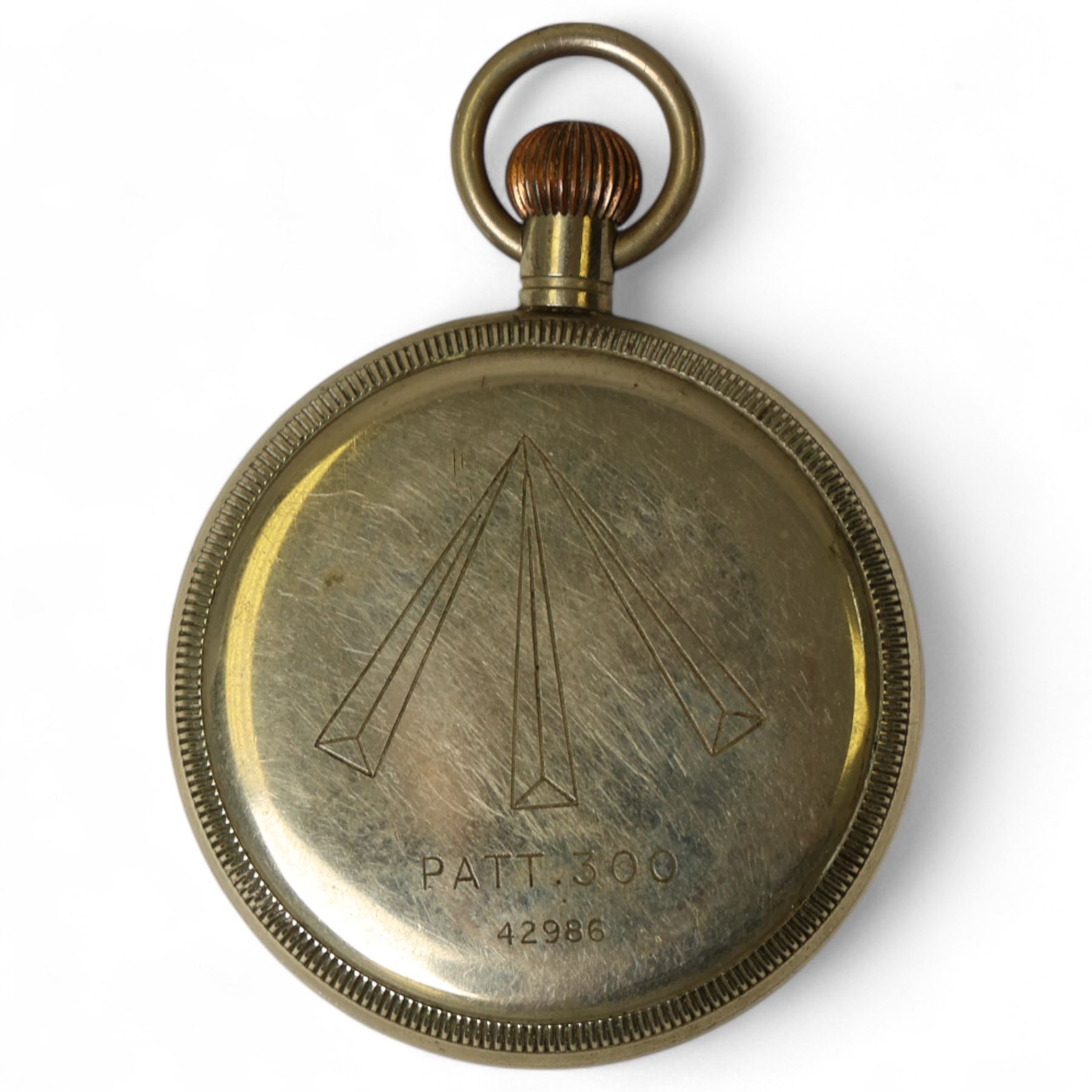 Military issue Royal Navy WWII open face nickle pocket watch, white enamel dial with Roman numerals and subsidiary seconds dial, screw back case markings broad arrow 'PATT. 300 42986'