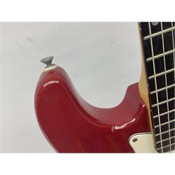 1990s Korean Squier Fender Stratocaster electric guitar in cherry red; serial no.S965951, L98cm