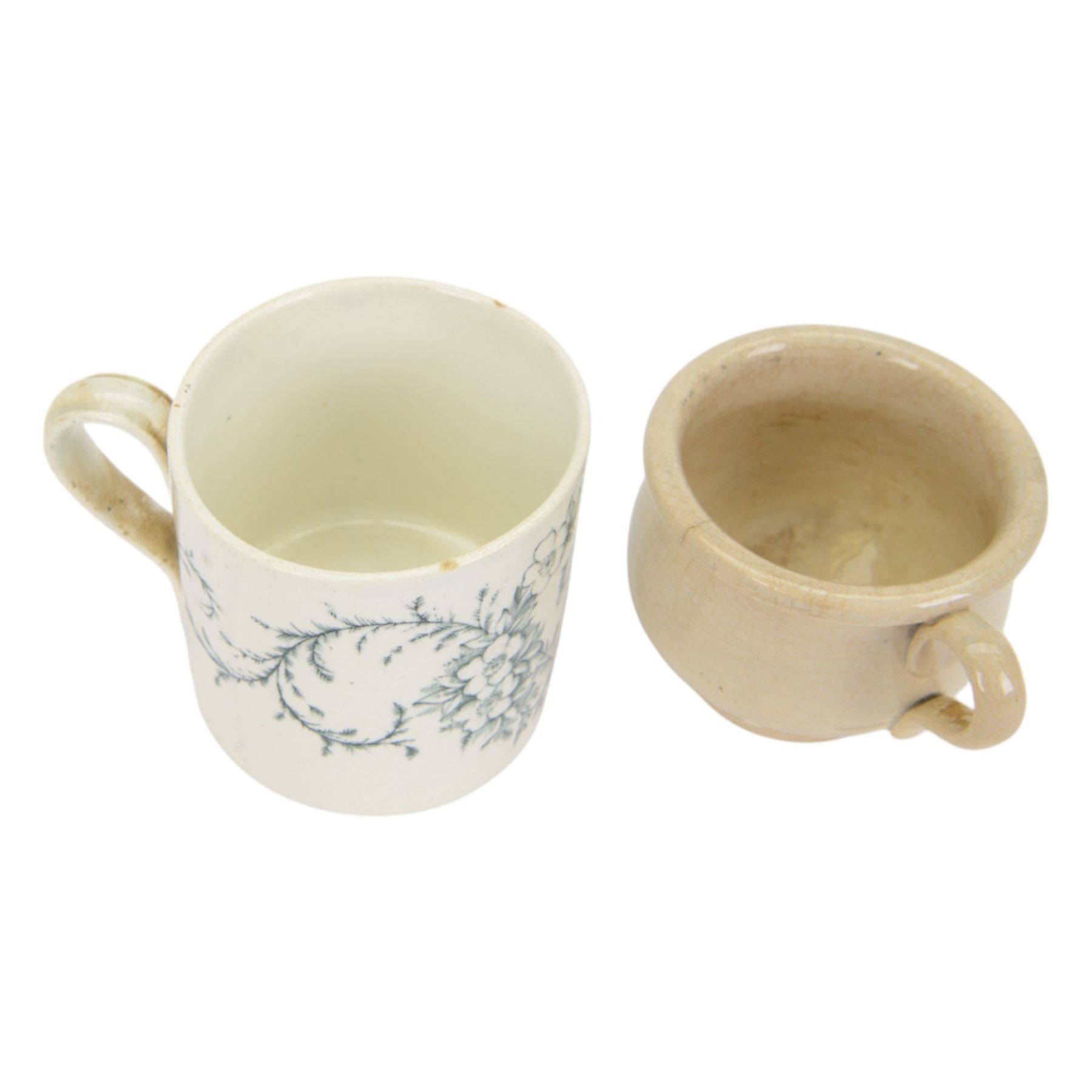 18th century pearlware mug, decorated with floral sprigs, together with 19th century miniature chamber pot printed with the verse and other 19th century ceramics 