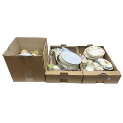 Collection of tea and dinner wares, to include Crown Clarence wares, two Maling cups and saucers, etc,  together with three Foley twin handled urns etc, in three boxes