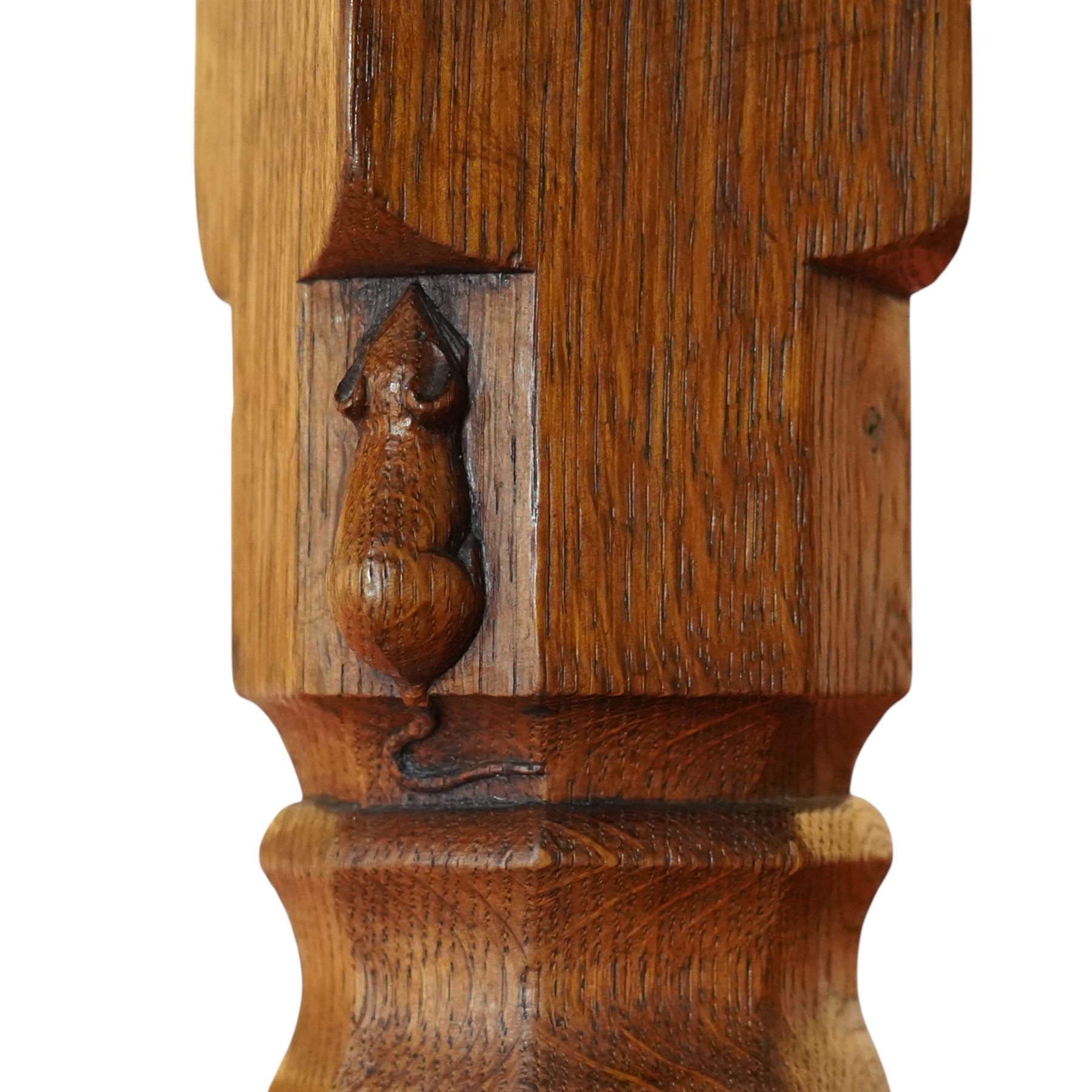 Mouseman - 1937 refectory table, Sir Herbert Baker commission for Westminster Church House, the rectangular adzed plank top above twin octagonal baluster supports united by a pegged stretcher, raised on shaped sled bases carved with a partridge and a loaf of bread, with carved mouse signature to inside leg, by Robert Thompson of Kilburn

The carved loaves reference the original patron, while the partridges are thought to represent Frank Partridge, Bishop of Portsmouth from 1877 to 1941, who played a key role in the founding of Church House and served as its Secretary from 1936 until 1941

Reference
Christie’s ROBERT “MOUSEMAN” THOMPSON; Refectory Table, Lot 188, sold at Christie’s London, commissioned by Sir Herbert Baker KCIE, RA, architect of Church House (opened 1937). Provenance and description available on the Christie’s website
https://www.christies.com/en/lot/lot-4618786