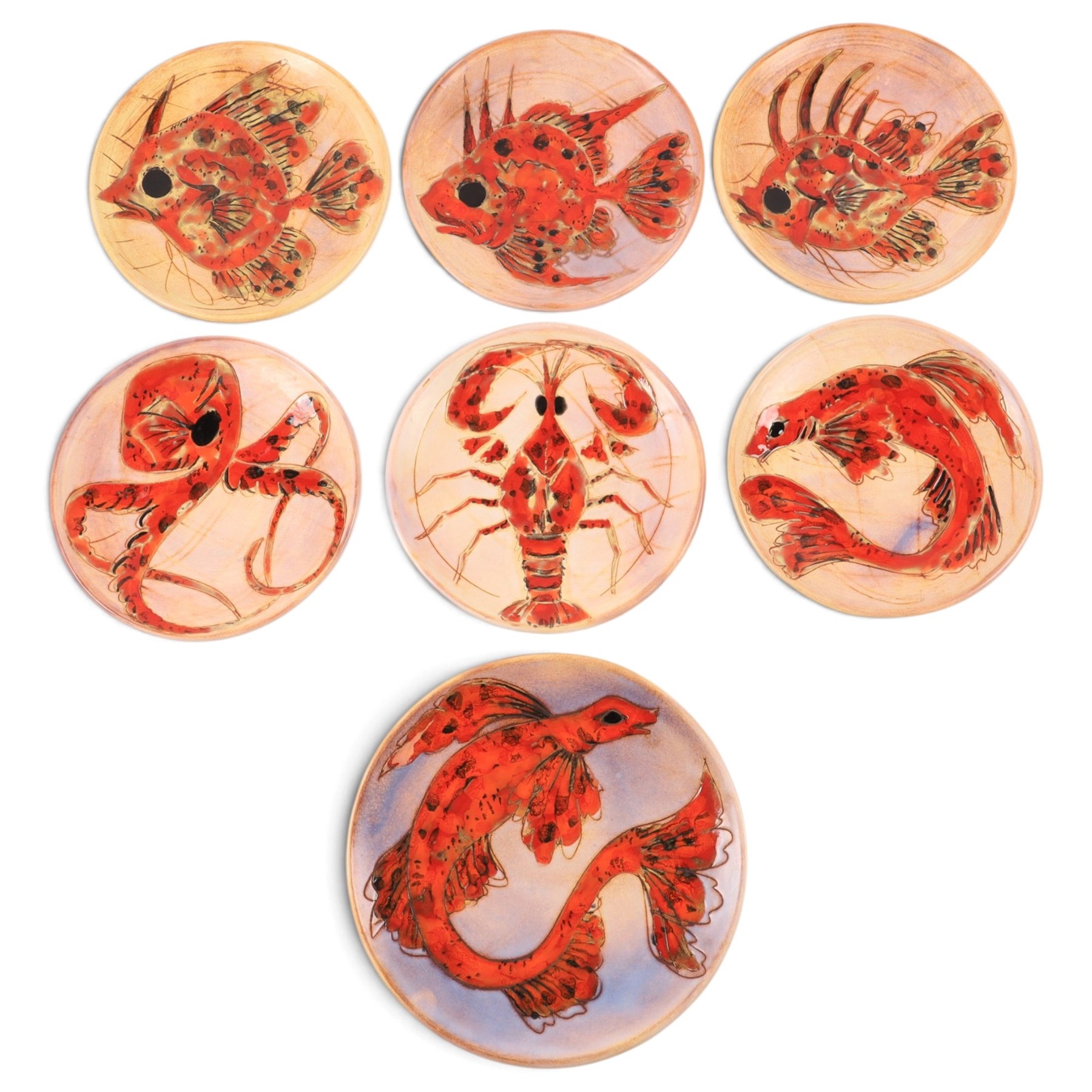 Monique Brunner - earthenware plates, decorated with fish and shellfish, upon a pink and cream ground, signed Vallauris beneath, six D20cm, one D24cm  