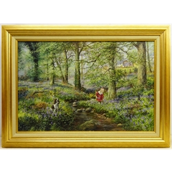 William (Bill) R Makinson (British Contemporary): 'Jodie and Bluebells', oil on canvas signed, titled verso 49cm x 75cm  