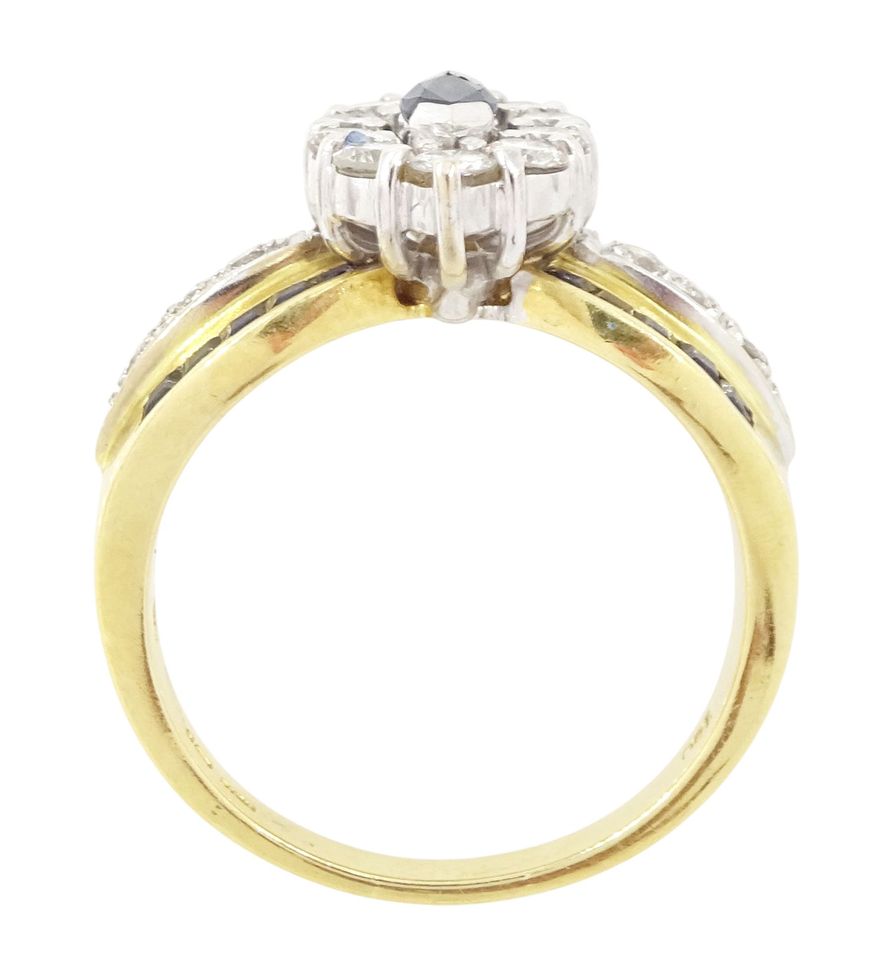 18ct gold sapphire and diamond cluster marquise shaped ring, single marquise cut sapphire, surrounded by ten round brilliant cut diamonds, each shoulder set with three round brilliant cut diamonds and ten calibre cut sapphires, hallmarked, total diamond weight approx 0.90 carat
