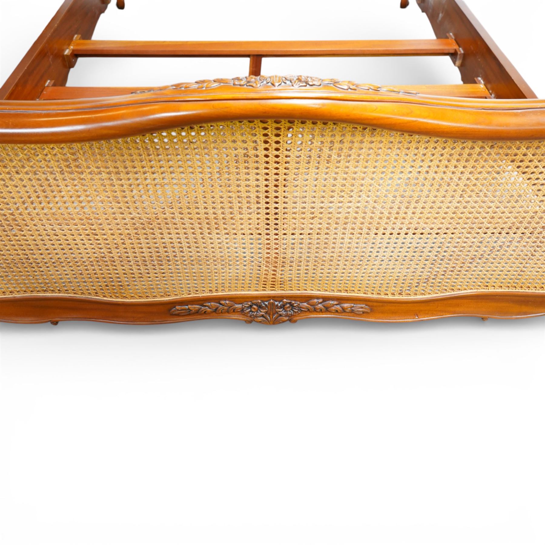And So To Bed - 5ft king size bed double 'Louis' caned bed with white upholstered sprung base panels, with scrolled headboard and footboard enclosing a double caned panel, on short cabriole supports  