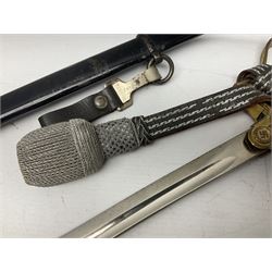 WW2 German Army Officers Dress Sword by Ernst Pack & Sohne MBH Waffenfabrik, the 81.5cm slightly curving fullered blade with makers name to the ricasso, gilt brass hilt with eagle to the cross-piece and relief of oakleaves to the ferrule, knuckle bow and backstrap; grip retains the original wire binding; in original black painted scabbard with single hanging ring, leather hanger crudely etched E. Kurz and silvered knot; numbered 542 to throat of scabbard L96.5cm overall