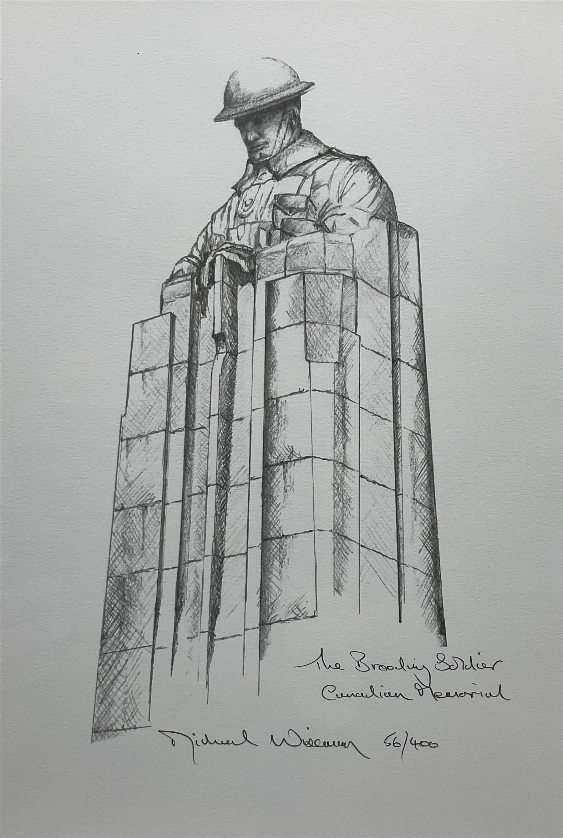 Michael Wiseman (Kent 1960-): 'The Brooding Soldier - Canadian Memorial', limited edition print signed titled and numbered 56/400, biographical details verso, 28cm x 19cm; gilt frame