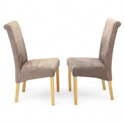 Oak Furnitureland - Pair of contemporary upholstered dining chairs, with high tapering backs and padded seats in taupe brown microfibre fabric, raised on solid oak square section legs