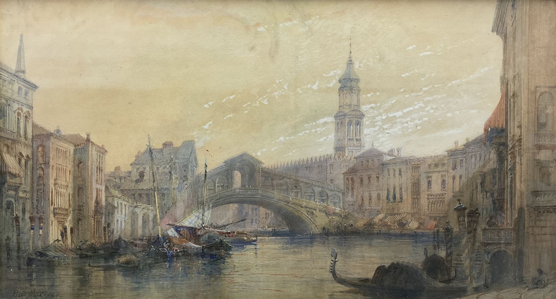 Paul Marny (French/British 1829-1914): Rialto Bridge Venice, watercolour heightened in white signed 49cm x 90cm