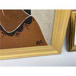 Jasur Orziev (20th century): Couple playing Sitar, miniature gouache signed; African School (20th century): Woman with Bowl on Head, sand on board signed CA together with another sand painting with hands on a globe inscribed Abaraka max 29cm x 23cm (3)