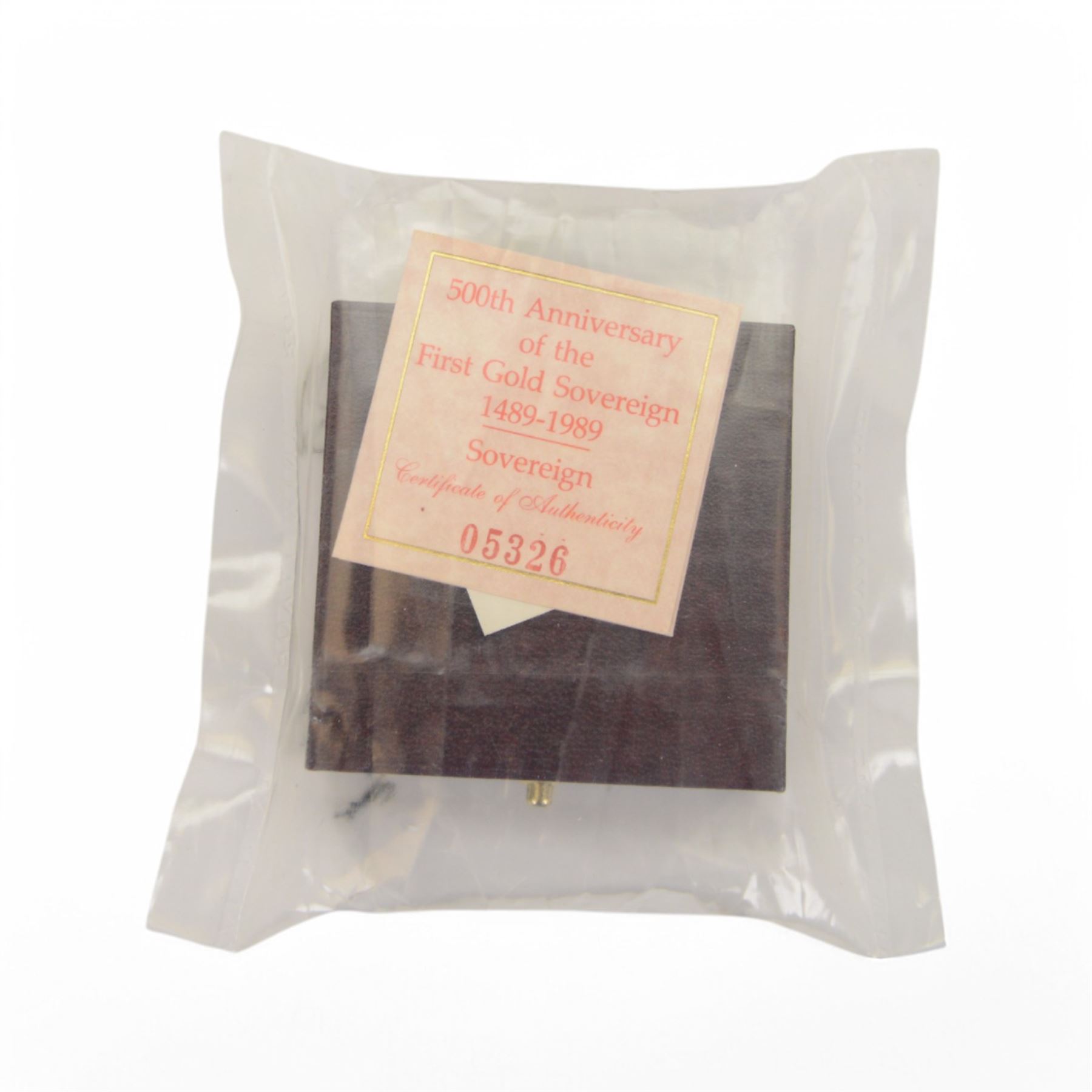 Queen Elizabeth II 1989 '500th Anniversary of the First Gold Sovereign' gold proof full sovereign coin, cased with certificate, sealed in Royal Mint plastic