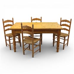 Late 20th century pine farmhouse dining table and four chairs, the rectangular plank top w...
