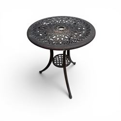 Circular cast aluminium garden table and pair of armchairs chairs with lattice backs in a dark grey finish