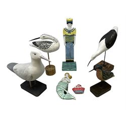  Nautical Items, to include a carved wooden seagull on a plinth, by Country Corner, three other carved wooden birds, wooden mermaid etc