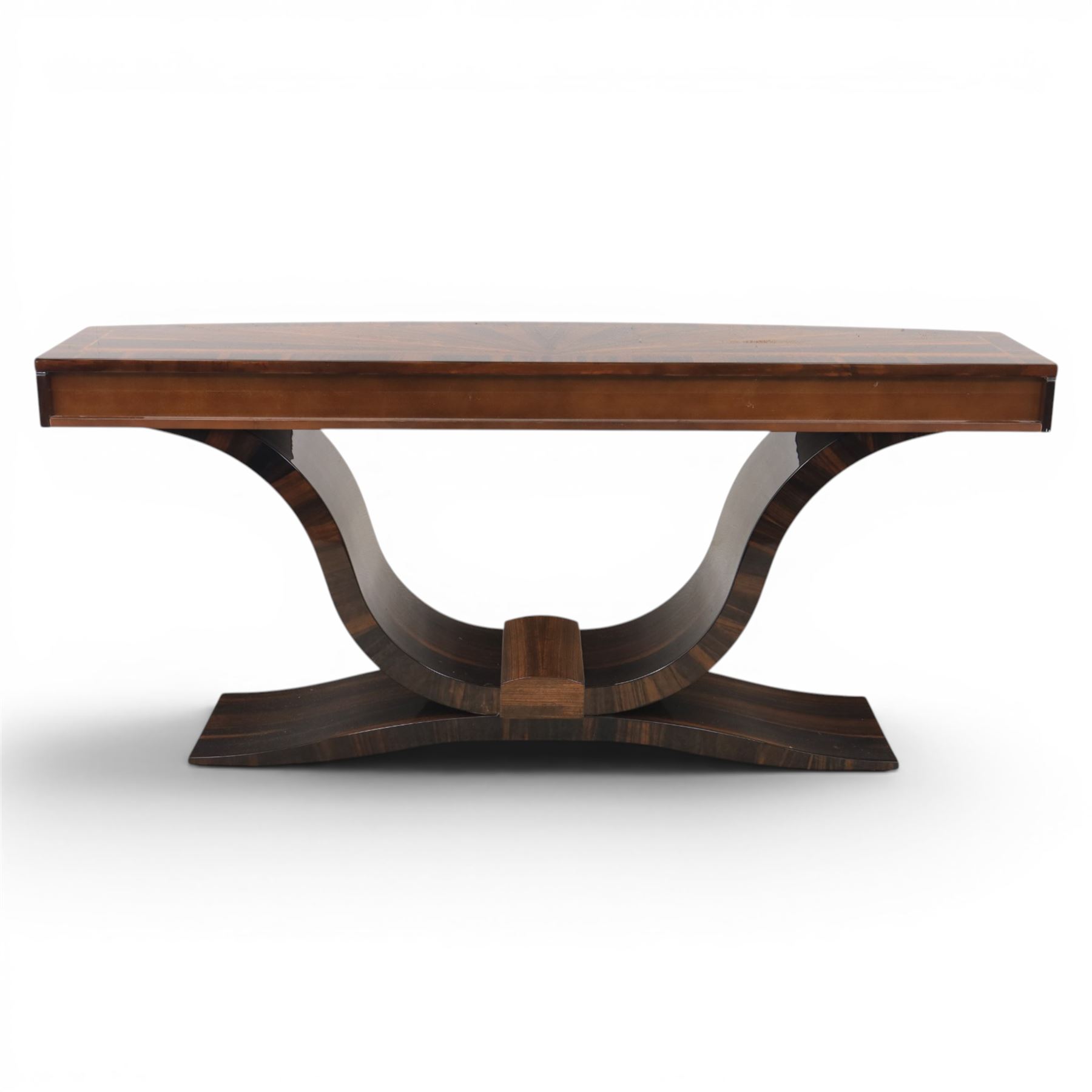 Giorgio Collection - Art Deco design macassar ebony 'Luna' console table, rectangular bow-front top with cross-banding and sun-burst veneer, fitted with single drawer, raised on a curved U-shaped base, retailed by Harrods