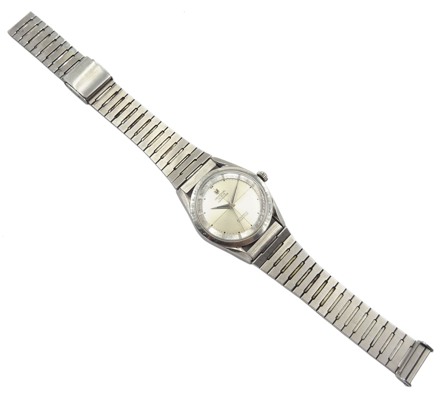 Universal Geneve Polerouter gentleman's stainless steel 28 jewel automatic microtor wristwatch design by Gerald Genta, Cal. 215, Ref. 203557-2, serial No. 1942611, on stainless steel strap