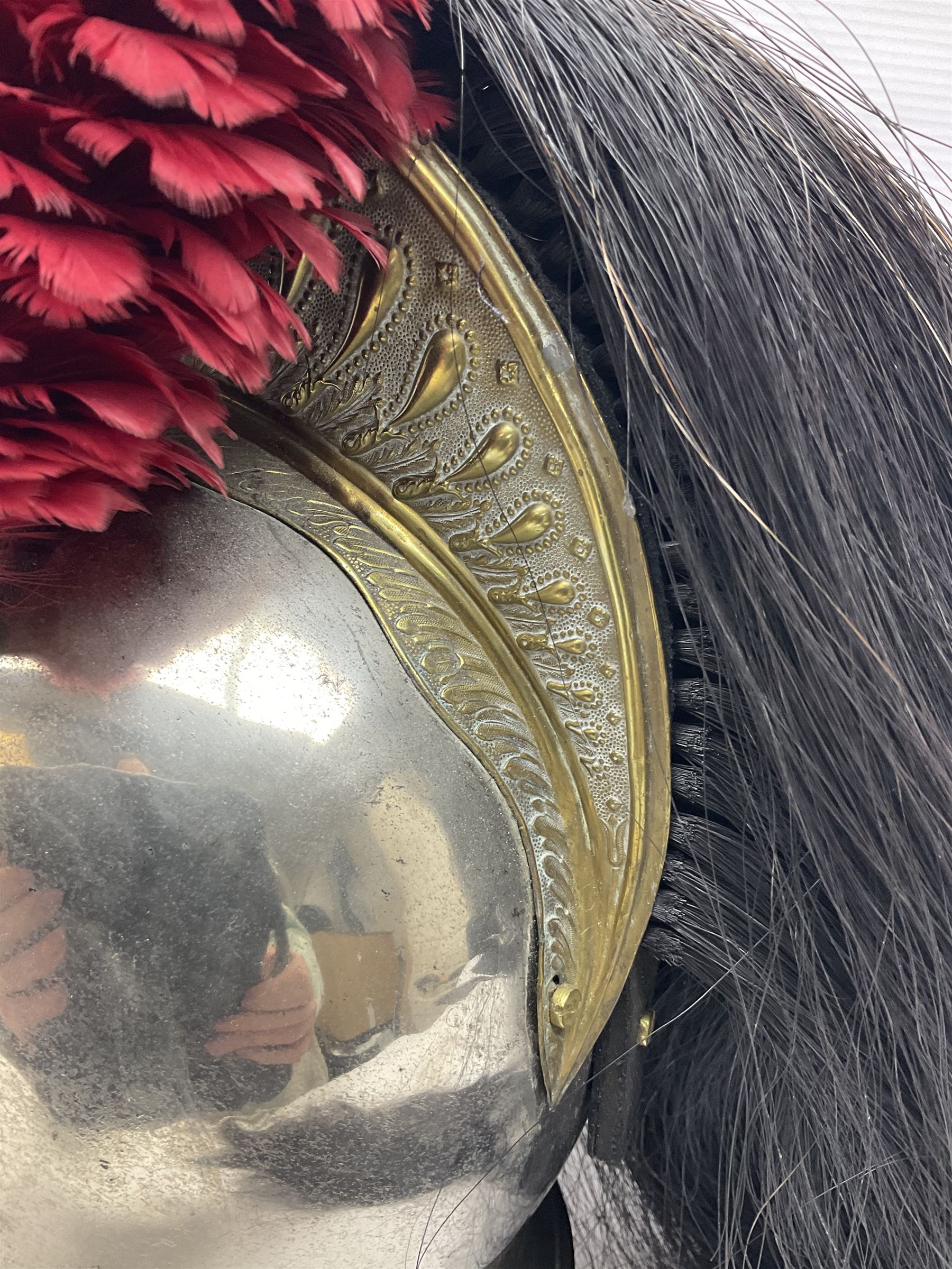 French 1874 Pattern Dragoon trooper's helmet with original liner and extra long criniere; stamped 10 DR with other numbers and Alexis Godilllo to the back of the helmet