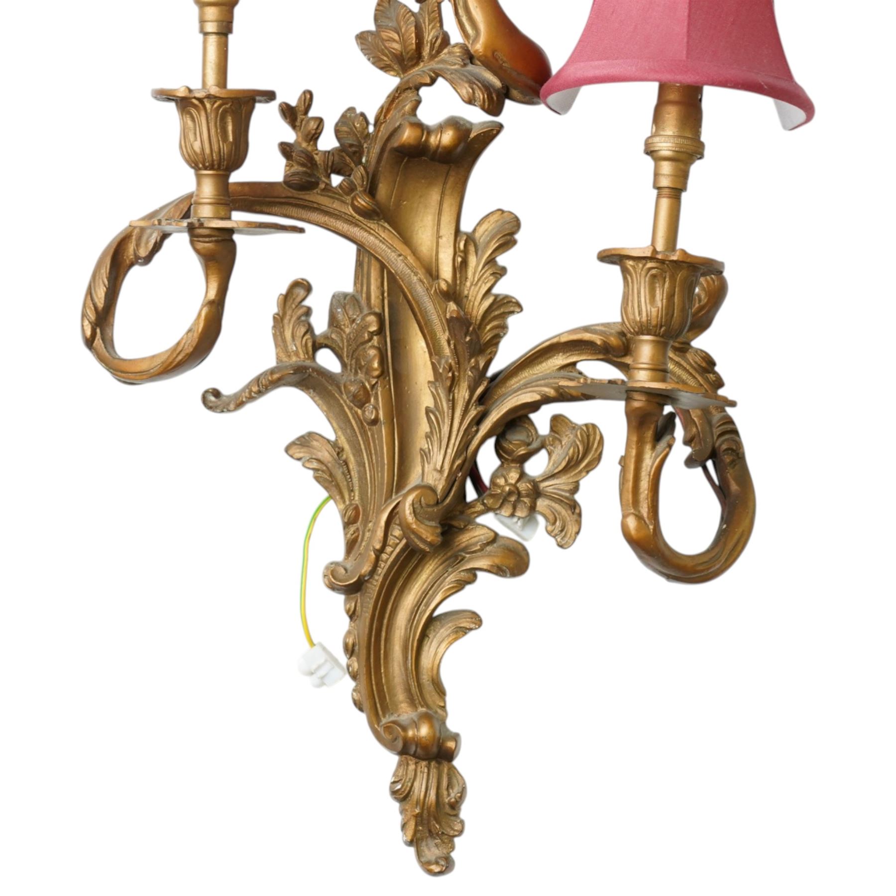 Rococo design gilt metal wall sconce, wired for electricity, with shades, including shade H61cm 