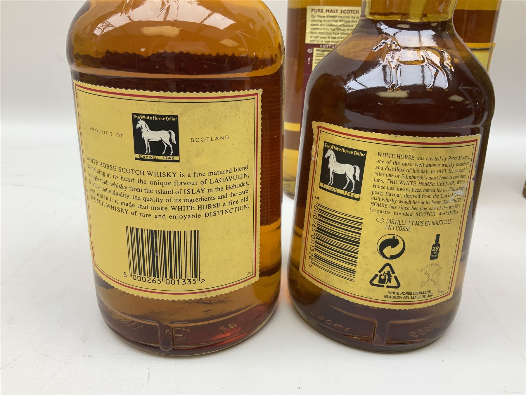 Mixed alcohol comprising Old Inverness Aged Scotch whisky, J.G.Thomson & Co, two bottles of White Horse Fine Old Scotch whisky, Three Barrels VSOP French Brandy in box etc, five bottles, various contents and proofs