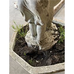 Four cast stone maiden figures, small bird bath and planter