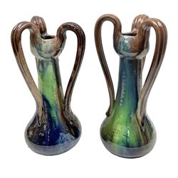 Pair of Art Nouveau style vases, probably Belgian, each with merging blue, brown and green decoration and three handles, impressed LSV beneath, H32cm