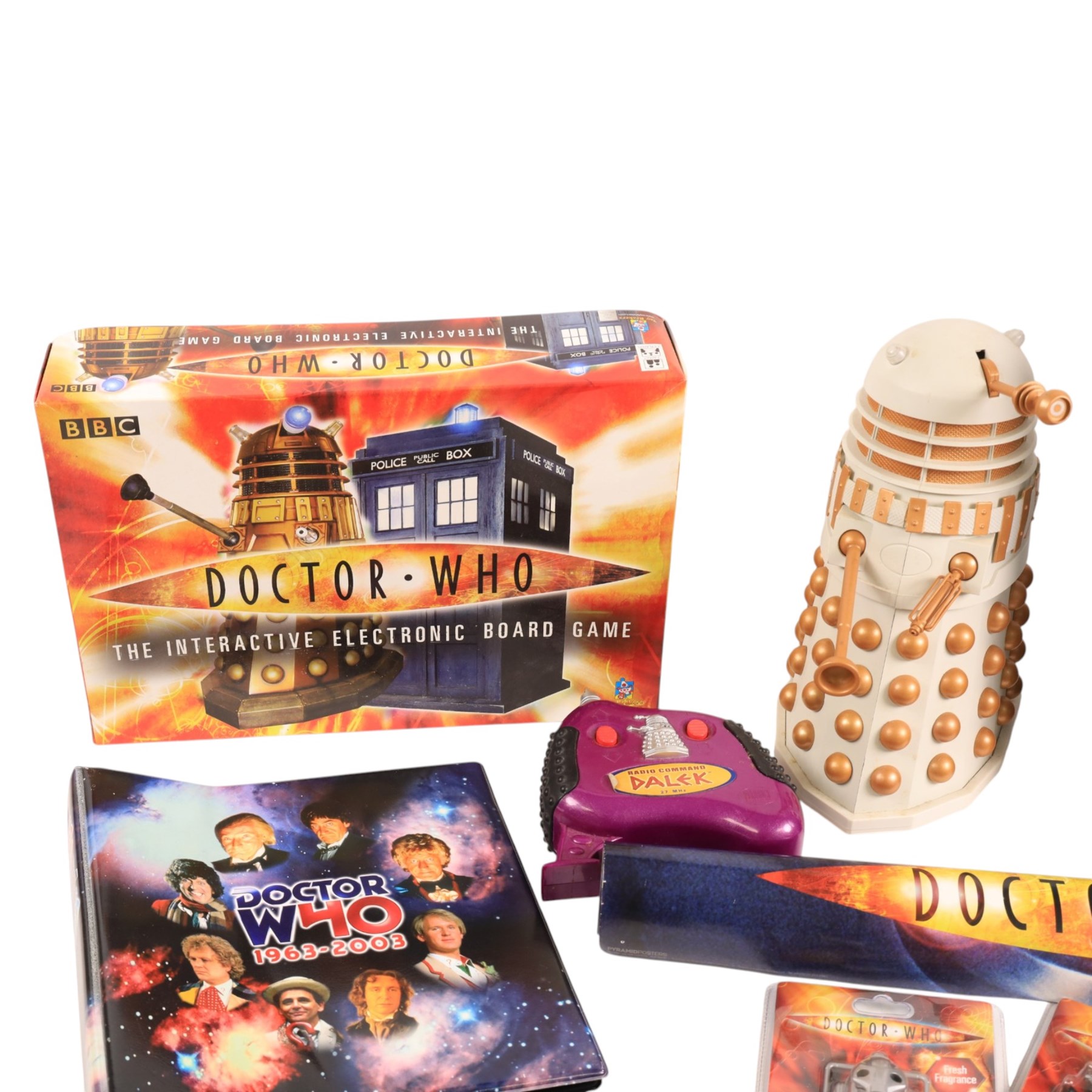 Doctor Who collectables including K-9 cookie jar, remote controlled Dalek, Interactive Electronic Board Game, air fresheners, coasters, etc