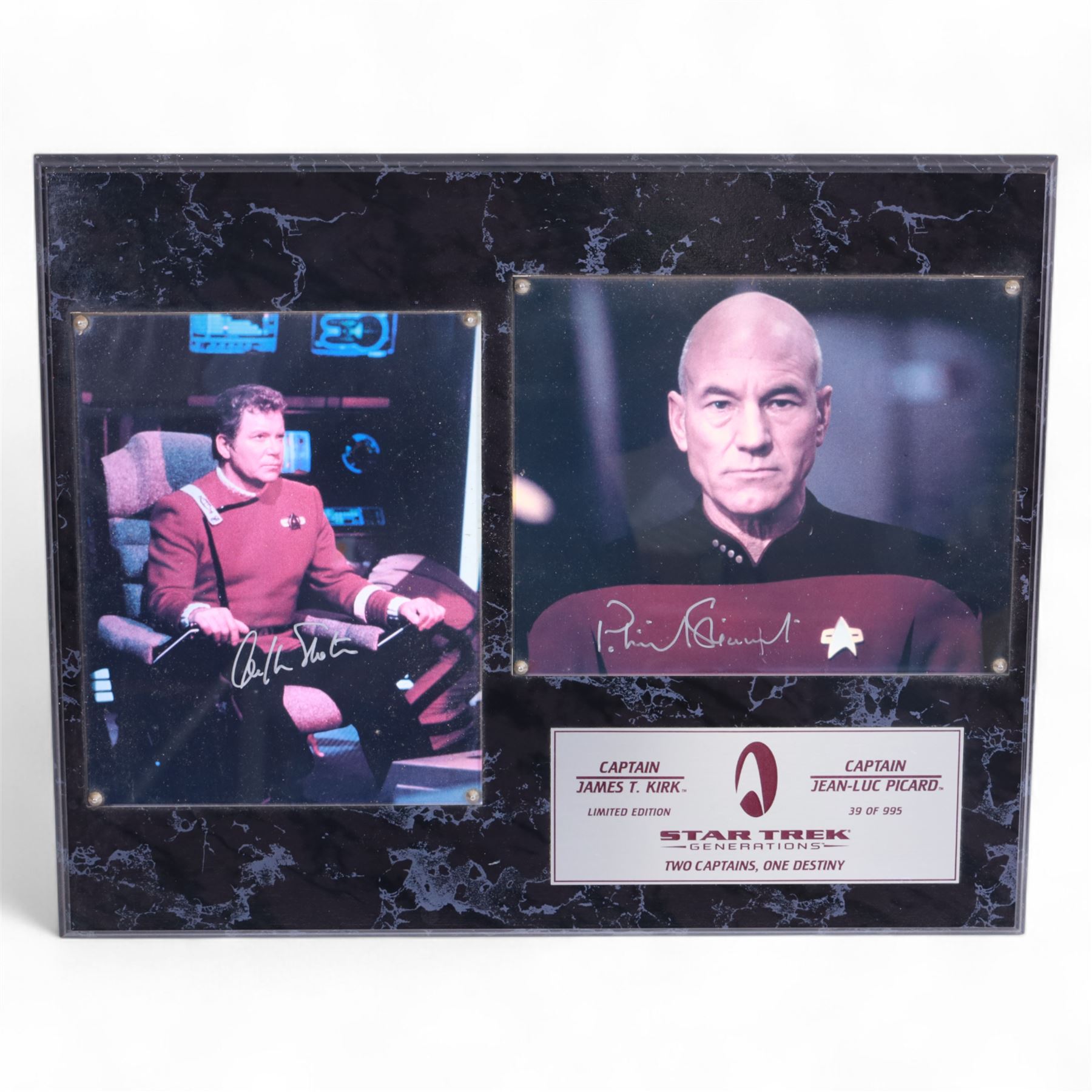 Star Trek Generations 'Two Captains, One Destiny' William Shatner (Captain James T Kirk) and Patrick Stewart (Captain Jean Luc Pickard) limited edition signed photographs, on wooden display board with plaque, limited edition no. 39/995, together with a framed Kate Mulgrew (Captain Janeway) signed photograph, tallest frame H42cm