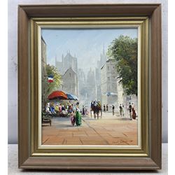 Donald Jennings (British 20th Century): 'Sunset' 'Winter' and 'The Cafe', set of three oils on canvas signed and dated '79-'80, titled verso 29cm x 24cm (3)