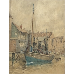 Nelson Ethelred Dawson (British 1860-1941): Whitby Fishing Boats by the Quayside, watercolour signed and dated '85, 31cm x 21cm