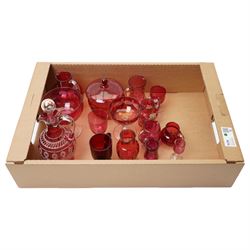 Cranberry glass claret jug with enamelled decoration, enamelled cranberry glass jug, cranb...