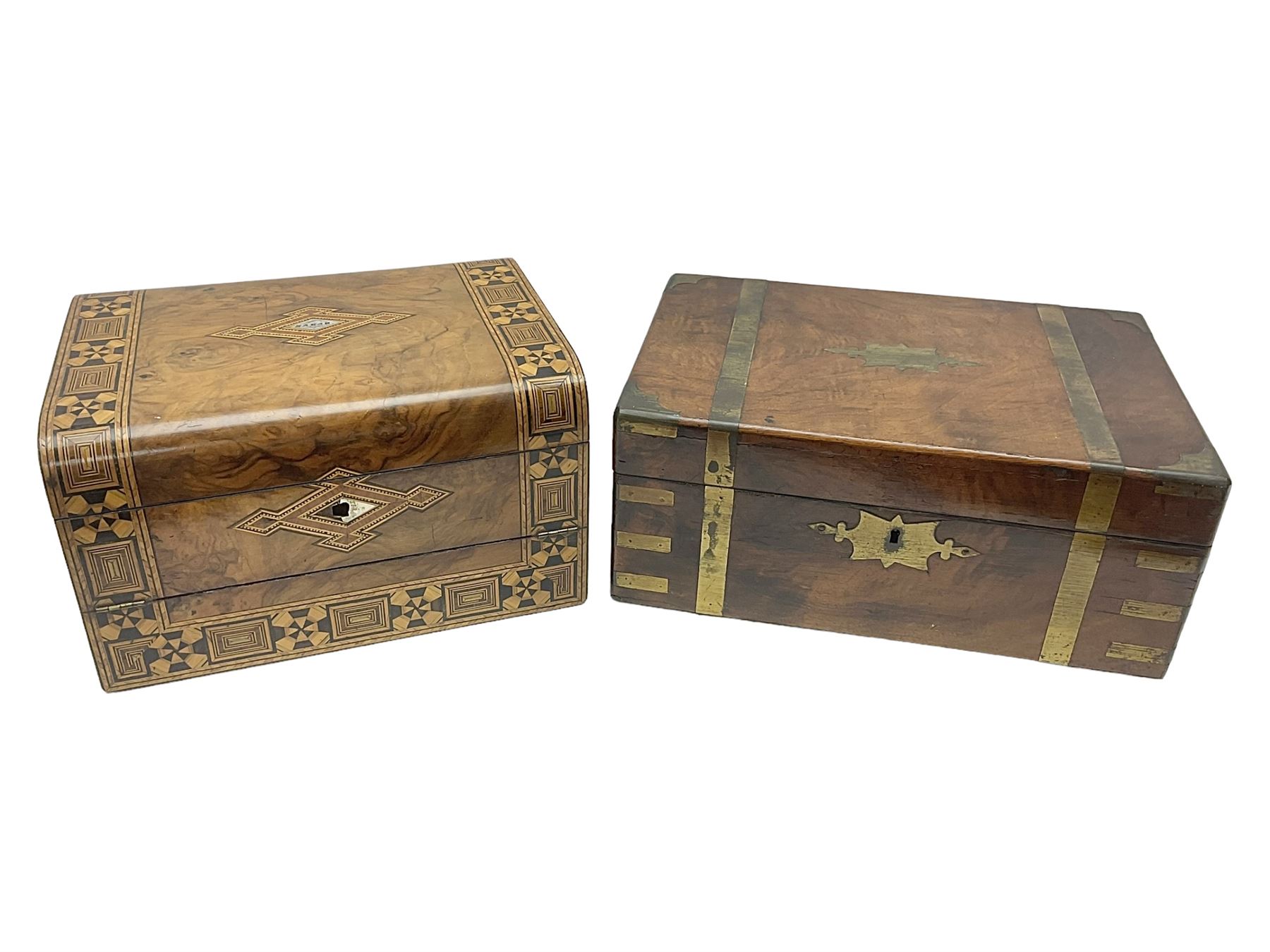 Victorian mahogany writing slope, the brass bound hinged cover opening to reveal tooled leather and gilt interior with two glass inkwells, together with a similar parquetry inlaid writing slope, with central mother of pearl inlay enrgraved 'Sarah', tallest H17cm 