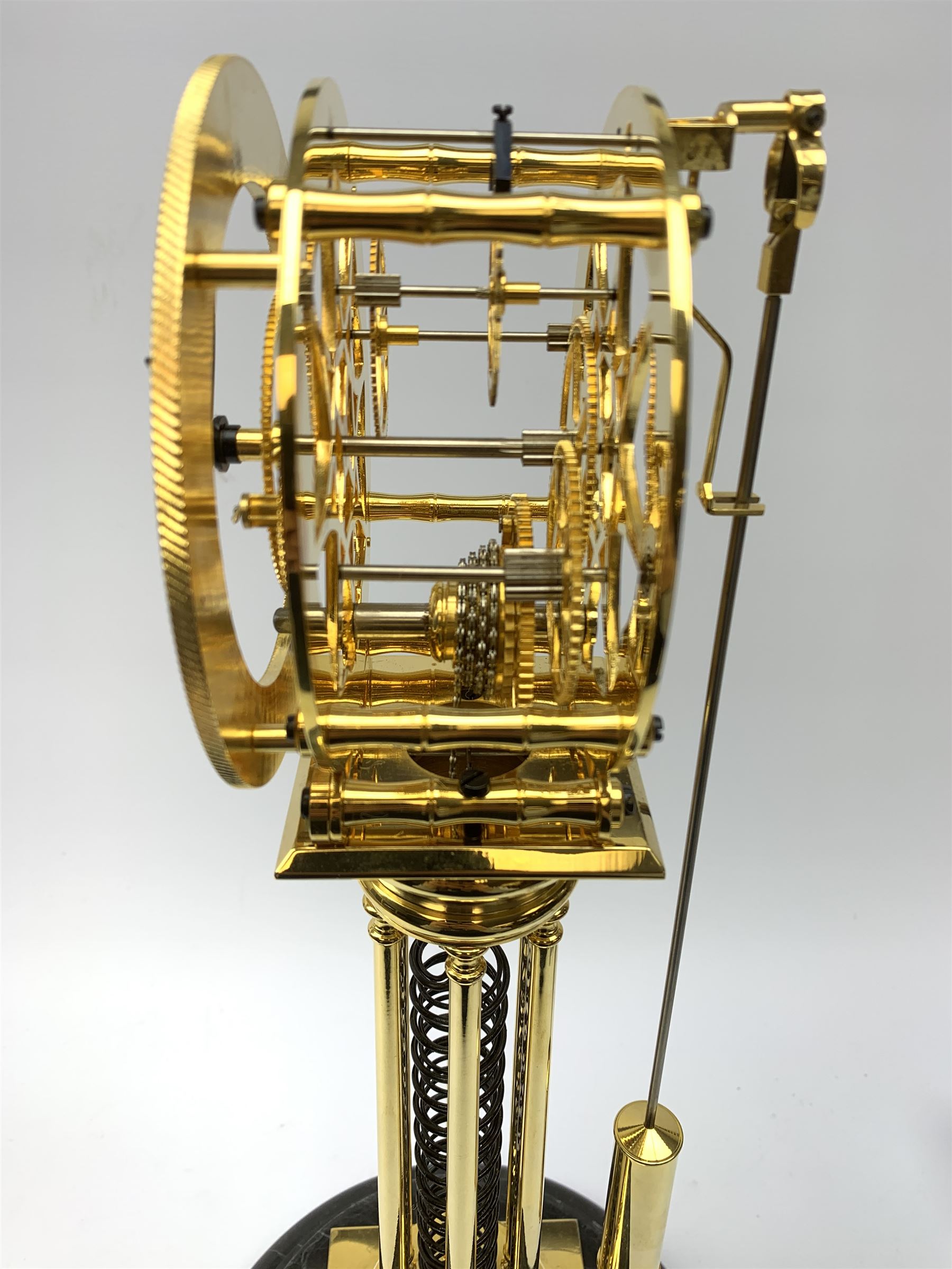 After William Smith of Musselburgh - Contemporary brass skeleton clock, circular enamel Arabic chapter ring signed 'Wm Smith, Musselburgh Maker & Inventor', spring driven fusee movement, on stepped circular black marble base and under glass dome, H60cm (including dome) 