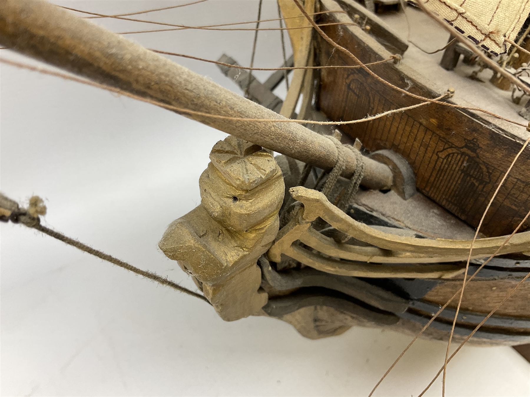 Wooden model of the three mast sailing ship with full rigging, on a wooden display base, H95cm, L110cm