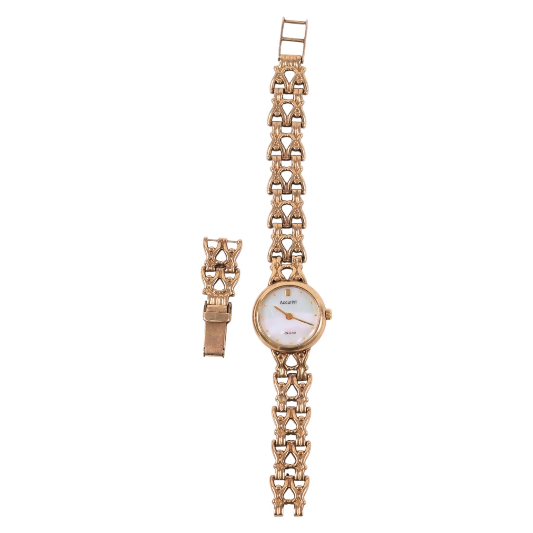 Accurist ladies 9ct gold quartz wristwatch, mother of pearl dial, on integral 9ct gold bracelet, hallmarked