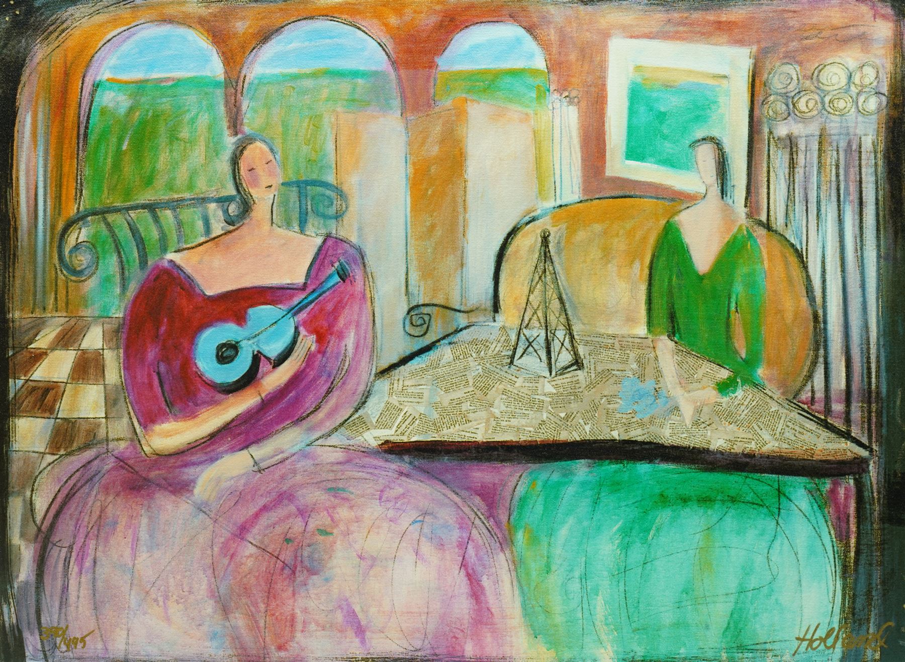 Jacqueline Holland Berkley (British 20th century): 'A Blue Violin For Sisters', limited edition print signed and numbered 390/495, 37cm x 51cm 