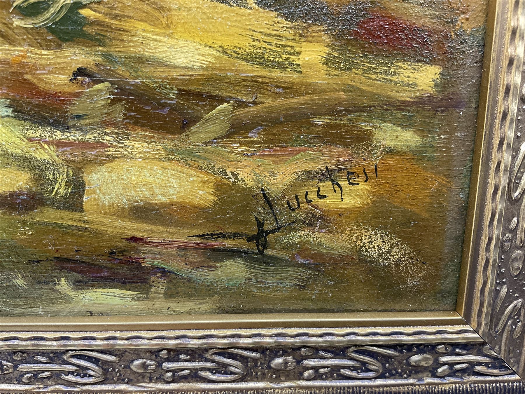 Giorgio Lucchesi (Italian 1855-1941): Figures Crossing a River in Wooded Landscape, oil on panel signed 32cm x  45cm