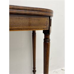 19th century mahogany tea table, D shaped fold-over top, the frieze with raised panel and boxwood inlays, each turned support with recessed rectangular panel top, double hinged gate-leg action