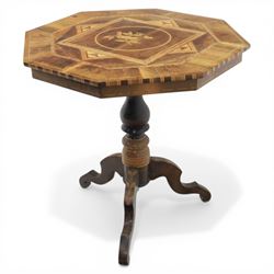 Mid-20th century Italian marquetry inlaid walnut centre table, octagonal top decorated with radiating panels and central foliate roundel, crossbanded borders with line inlay, raised on turned column and tripod base