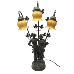  Art Nouveau style figural three branch table lamp with frill glass shades, H74cm  